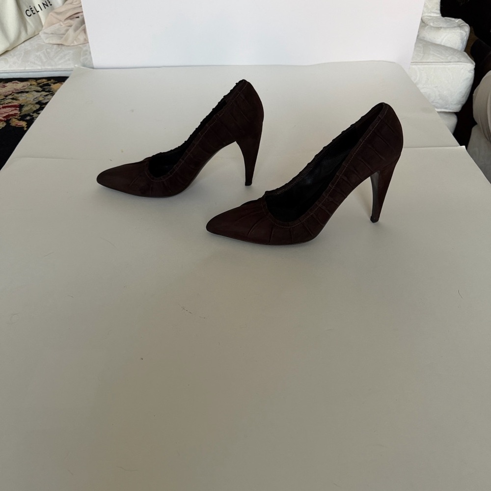 Prada Camoscio Plisse Women's Dark Brown Suede Heels - Picture 6 of 15